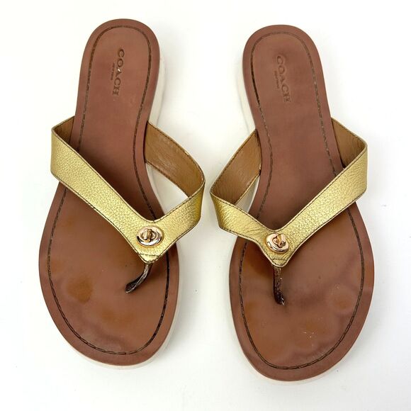 Coach Shelly Metallic Gold Leather Turnlock Flip Flops Thong Sandals Shoes 8.5 - Picture 1 of 10